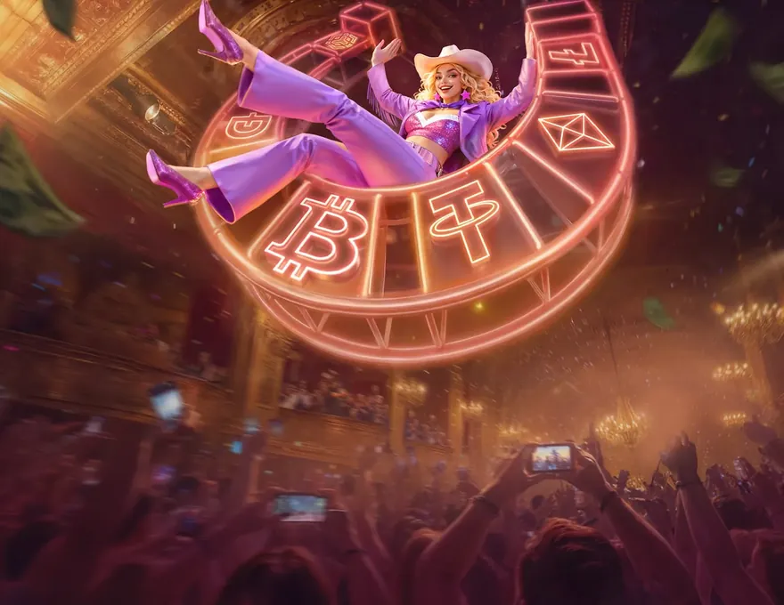 WestAce crypto casino banner – the cowgirl perched on a glowing neon roulette wheel surrounded by coin symbols