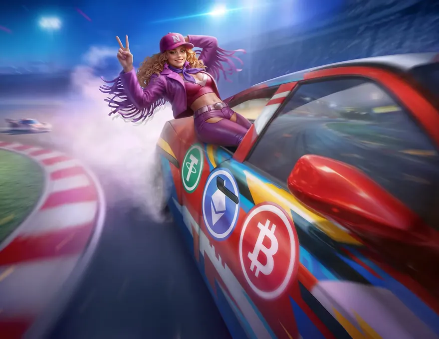 WestAce crypto sports banner – the cowgirl sitting on the bonnet of a racing car with crypto coins scattered around