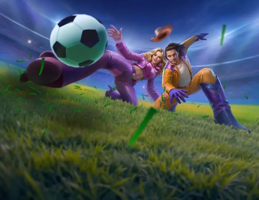 WestAce sportsbook banner – the cowgirl and cowboy in purple and gold standing on a floodlit stadium pitch